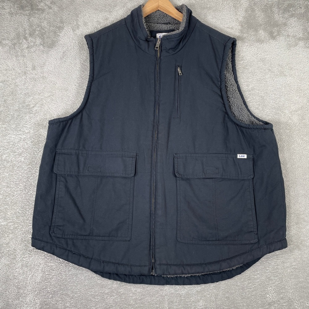 Lee Workwear Vest Mens 2XL Black Faux Sherpa Lined Canvas Full Zip Utility